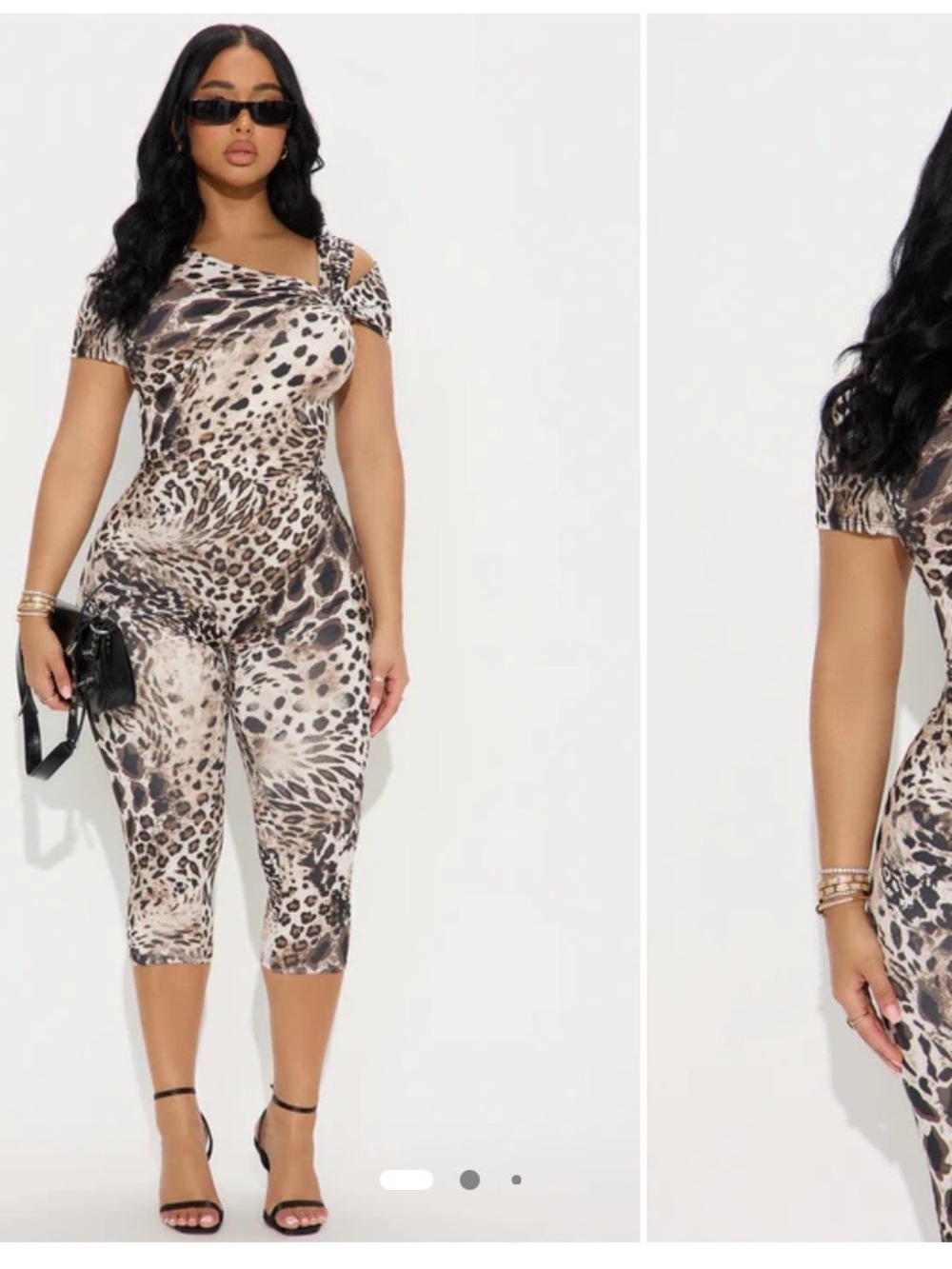 Fashion Nova Beige Leopard Print One-Shoulder Capri Jumpsuit